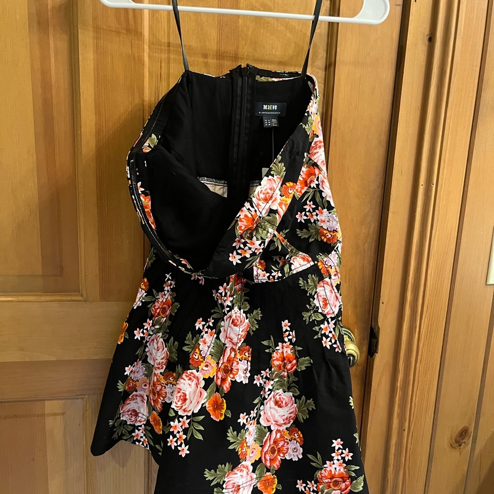 Anthropologie Maeve Black Dress with Pink and Orange Floral Accents